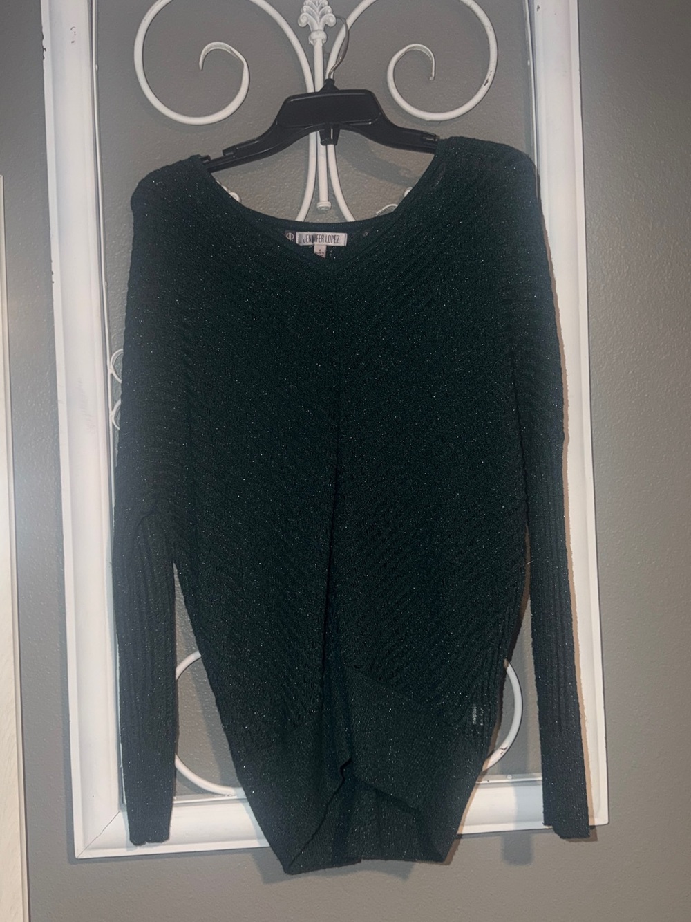 Jennifer Lopez Dark Green Sparkle V-Neck Sweater